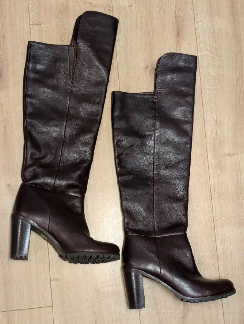 Leather Knee-High Block Heel Boots in Dark Brown